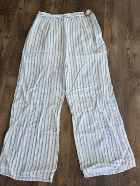 Harper Heritage Striped Rayon Nylon Blend Pant Light Blue & White Zip Waist Belt